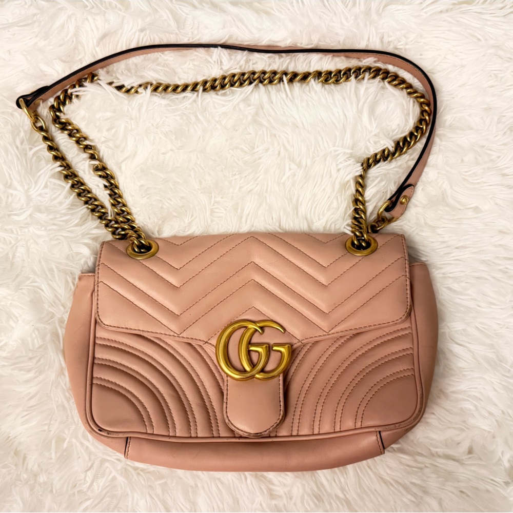Gucci Classic Light Pink/Blush Leather - Quilted Shoulder Bag with Gold Chain